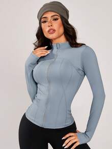 1件女士速干透气立领拉链运动上衣，运动服 - 藍色 - 查看 8