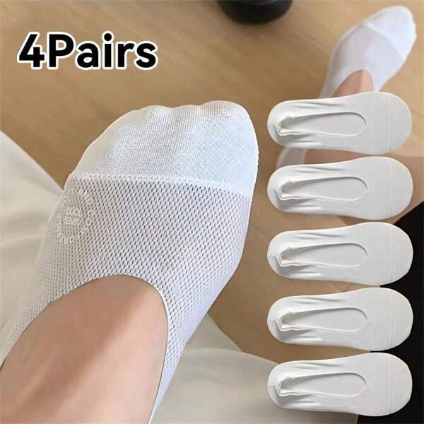 4 Pairs Women'S Breathable Mesh No-Show Socks With Silicone Grip - Ultra-Thin, Non-Slip Invisible Boat Socks In White - Perfect Gift For Family & Friends, Ideal For Casual Attire, Casual Wear Socks|Invisible Socks|Glossy Finish Socks, Cute Sock