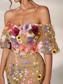 Elisanya Váy dạ hội dài trễ vai, hở vai, thêu hoa 3D sang trọng, lãng mạn, thanh lịch, trang trọng cho khách dự tiệc cưới, tiệc sinh nhật - Nhiều màu - Xem 3
