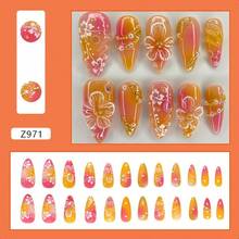 24Pcs Flower Press On Nails Medium Almond Fake Nails 3D Floral With Gold Pearl Rhiness Itter Ossy Design Orange Full Cover Stick On Nails Spring Summer False Nails For Women Acrylic Nails-0345 - 橘色 - 查看 2