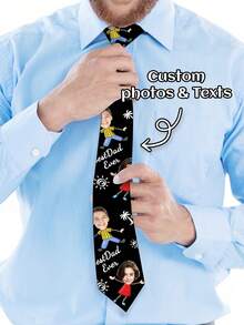 1pc Custom Photo Tie, Personalized "Best Dad Ever" Necktie With Faces & Custom Text, Funny Kids Cartoon Print, Gift From Son & Daughter, Birthday / Christmas Dad Gift
