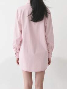 Womens Button Down Shirts Long Sleeve Casual Blouses Lapel Collar Tops With Pockets - Pink - View 6