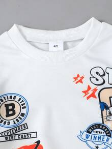 2 piezas Conjunto de sudadera de cuello redondo de manga larga informal y pantalones de mezclilla para niños pequeños, con estampado de letras y animales, adecuado para ocio al aire libre, otoño/invierno