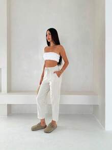 Vacation Casual Striped High Waist Tapered Pants - Cream - View 5