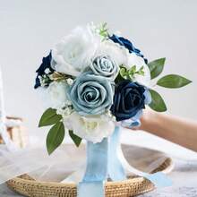 Dusty Blue Wedding Bouquets For Bride Bridesmaid, White Wedding Artificial Roses Flowers For Wedding Bouquets Ceremony, Anniversary - Dusty Blue - View 8