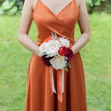 Dusty Blue Wedding Bouquets For Bride Bridesmaid, White Wedding Artificial Roses Flowers For Wedding Bouquets Ceremony, Anniversary - Burnt Orange & Burgundy & Cream - View 4