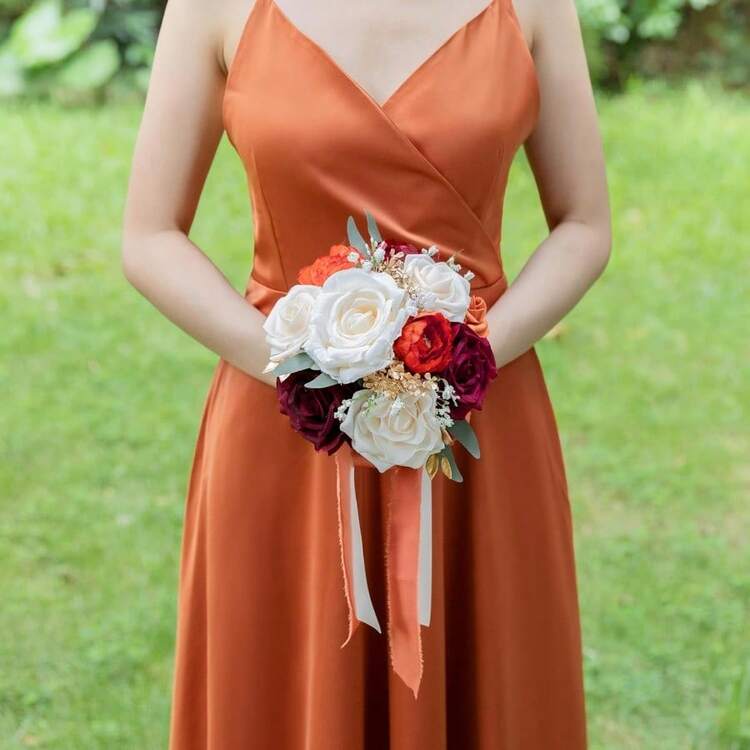 Dusty Blue Wedding Bouquets For Bride Bridesmaid, White Wedding Artificial Roses Flowers For Wedding Bouquets Ceremony, Anniversary - Burnt Orange & Burgundy & Cream - View 4