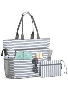 女士沙滩包两件套，大号防水沙滩手提包，拉链沙滩包，防水防沙泳池包，大容量手提健身包，跑步配件运动包，女士运动包，健身运动包，大容量旅行包，男士度假旅行必备耐用瑜伽包 - 彩色 - 查看 11