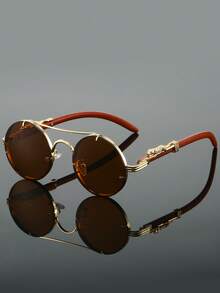 1 Stück Damen Runde Modische Brille, Stilvoller Doppelsteg Metallrahmen, Grüne Brille mit schickem imitiertem Holzmaserung Bügel Design, neuartige Form mit Farbverlauf, Alltagsbrille für Damen, Sonnenbrillen für Damen, Herbst-Winter-Outfits, Strandaccessoires, vintage retro Y2K Basics Brillen, Business Lässig Geschenke, perfekt für den alltäglichen Gebrauch, Strand, Urlaub, Spazierengehen, Einkaufen, Autofahren, Sommerfotos am Strand, Outdoor, Reisen