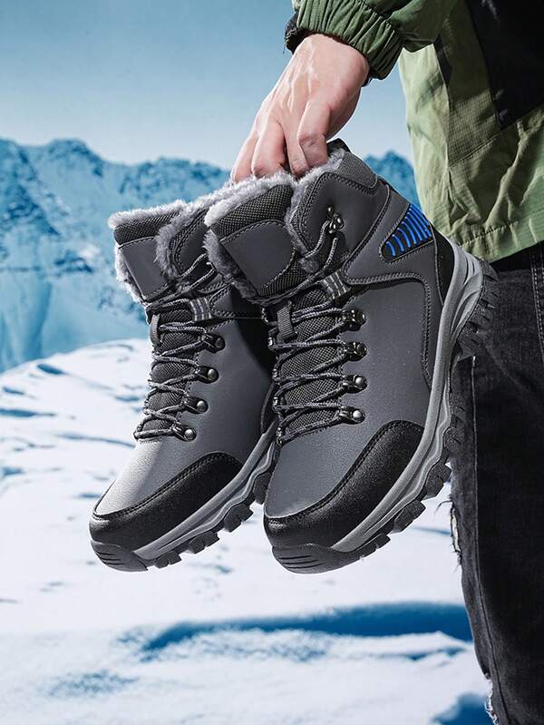 Men's Snow Boots, Outdoor Sports Shoes High-Top Boots For Autumn/Winter, Outdoor Hiking Boots For Trekking, Camping, Hunting, Tracking, Hiking, Black/Grey Lace-Up Outdoor Work Boots, Suitable For Autumn/Winter Outdoor Activities