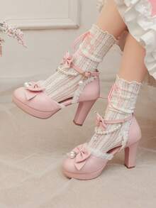 Block Chunky High Heels Pumps For Women Cute Bow Ruffle Ankle Strap Pearl Chain Platform Lolita Style Pumps Woman - Hồng - Xem 1