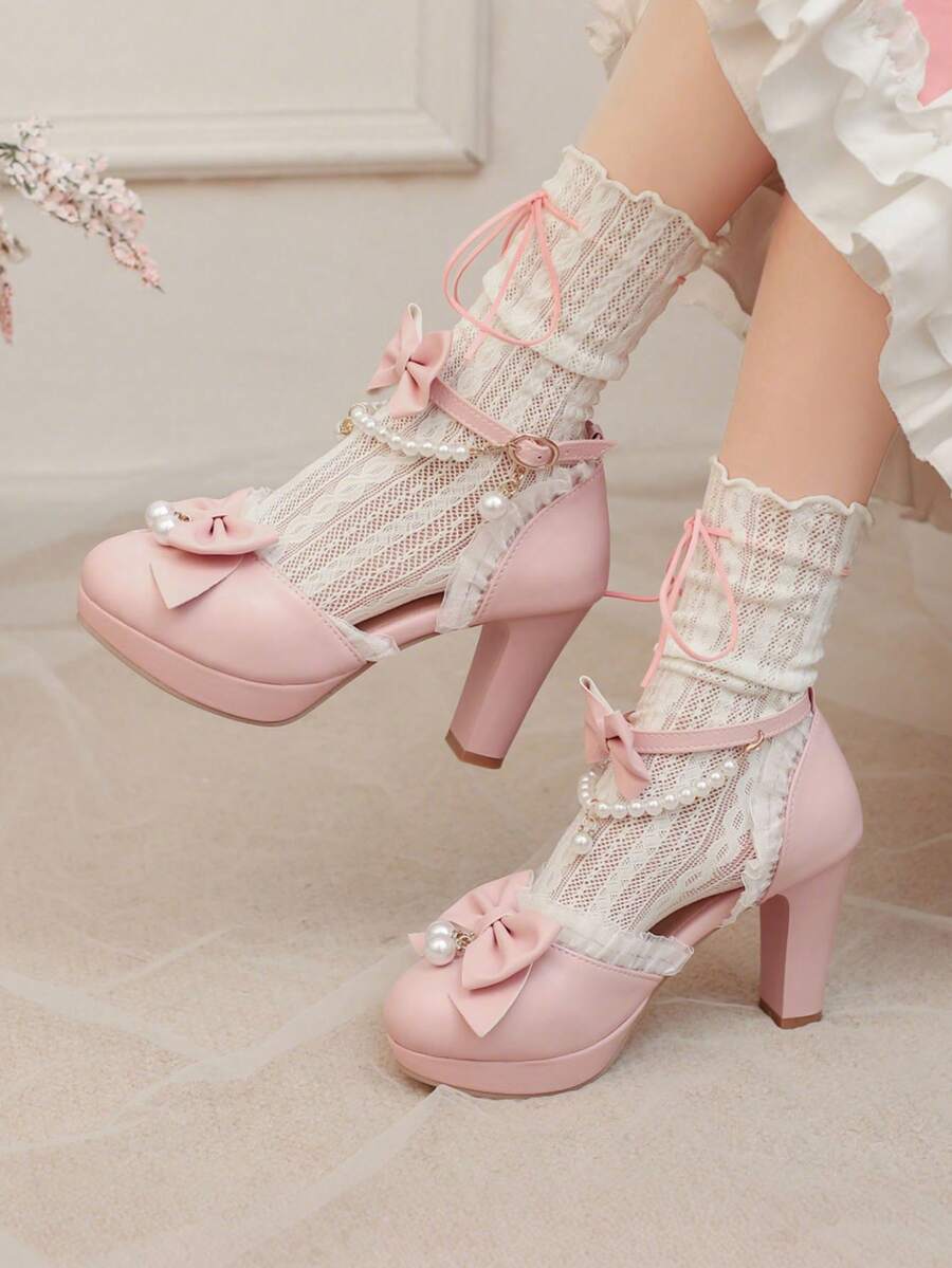 Block Chunky High Heels Pumps For Women Cute Bow Ruffle Ankle Strap Pearl Chain Platform Lolita Style Pumps Woman - Hồng - Xem 1