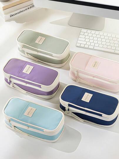 1 件可扩展双层拉链铅笔盒 - 大容量桌面收纳盒，适合学生和专业人士 | 耐用斜纹面料 | 适合返校和办公室使用的理想礼物