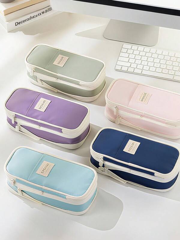 1 件可扩展双层拉链铅笔盒 - 大容量桌面收纳盒，适合学生和专业人士 | 耐用斜纹面料 | 适合返校和办公室使用的理想礼物