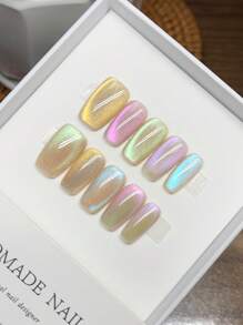 10 piezas de uñas hechas a mano con cuentas de vidrio, uñas francesas con ojo de gato arcoíris, diseño elegante y sencillo, uñas postizas, suministros para uñas