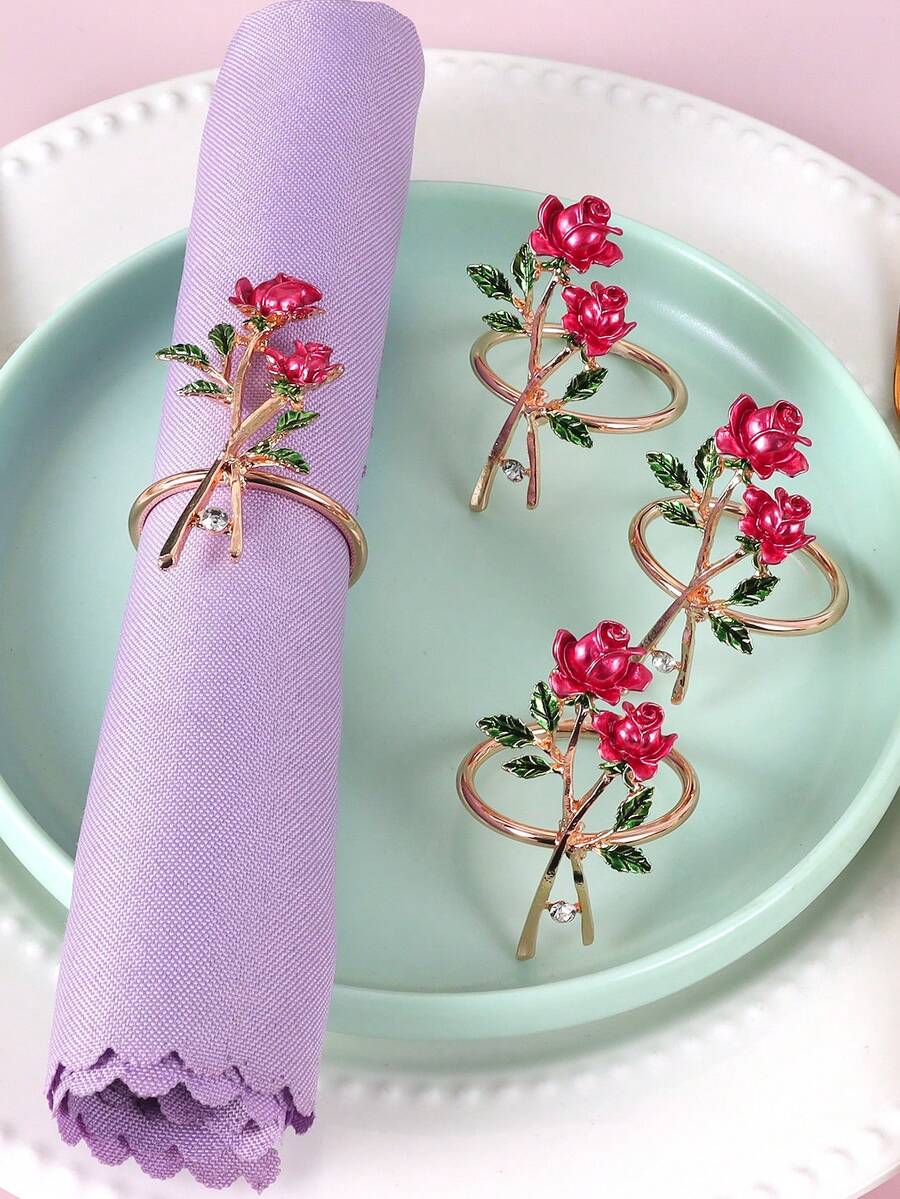 2/4/6 件玫瑰餐巾环、双玫瑰餐巾架、婚礼餐巾夹、晚宴餐巾架