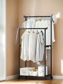 1pc Thickened Double Rod Wheeled Drying Rack, Multi-Layer Storage Clothes Hanger Rack, Bedroom Standing Clothes Pants Shoes Hat Integrated Rack, Lightweight Luxury Hanging Clothes Rack, Indoor Home Use Clothes Hanger Rack, Clothing Store Bedroom Hanging Clothes Rack, Commercial Clothes Rack, Drying Rack - Black - View 2