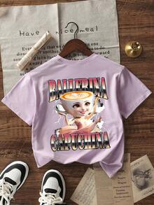 少女休闲紫色印花圆领短袖T恤，夏季上衣 - 紫色 - 查看 3