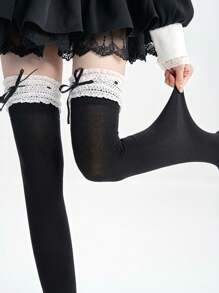 1 Pair Bow Lace Trim Over-The-Knee Socks, Suitable For Pairing With Skirts, Y2K