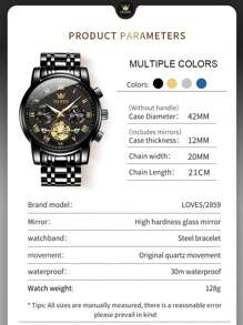 OLEVS. OLEVS 顶级男士手表陀飞轮风格时尚原创石英表 3Bar 防水运动月相表夜光计时码表男士礼物 - 黑色 - 查看 12