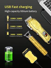 LQT 1/2/3pcs Set, USB Rechargeable Electric Hair Clipper, Professional Precision Trimmer, Ergonomic Design, Wireless Efficient, Suitable For Beard, Sideburns And Full Body Grooming, Portable Lightweight Electric Shaver, Men's Wireless Trimmer, LED Display, Precise Hair And Beard Cutting - Gold - View 5