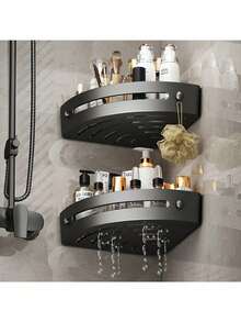 Corner Shower Caddy, Adhesive Shower Shelf Without Drilling, No Drill Bathroom Triangular Storage Rack, Wall-Mounted With 2 Hooks Back To School - Dark Grey - View 4