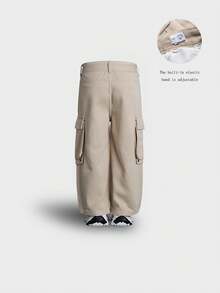 年轻男孩米色阔腿工装牛仔裤，多口袋百搭可调节腰部米色牛仔工作裤，返校 - 米色 - 查看 4