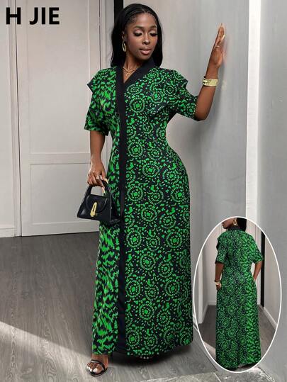 1 Abito lungo asimmetrico con stampa, verde autunnale, elegante e casual, adatto per uscite, vacanze o feste