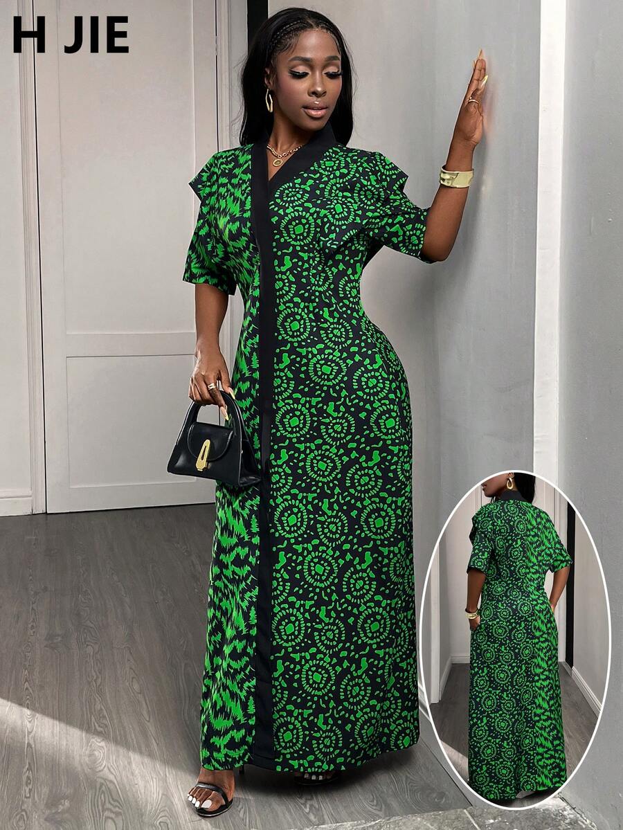 1 女款秋季绿色全长不对称印花中长连衣裙，优雅休闲，适合外出度假或聚会