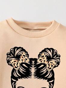 Tween Girl Cartoon Print Crew Neck Sweatshirt And Flare Pants Set - Khaki - View 3