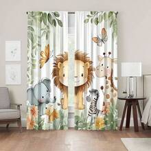 ستارتان كرتونيتان بتصميم حيوانات الغابة - الدب والثعلب والغزال والبومة، ستائر شبه شفافة للغابة مناسبة لغرف الأطفال أو غرف المعيشة، قماش بوليستر قابل للغسل في الغسالة، بتصميم كيس العمود، ستائر غرفة المعيشة - متعدد الألوان - مشاهدة 2