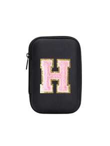 便携式 CCD 相机保护套，粉色字母 A-Z 毛巾刺绣，紧凑设计，防水材质，非常适合户外摄影爱好者和旅行者充电器盒，办公室必备数码包电缆相机包电子数据线整理器存储，钱包式移动电源盖旅行相机包，女士男士礼物，教师必备用品，防水轻便大容量便携式配件，适合暑假旅行，户外活动旅行必需品