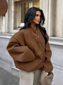 时尚欧美风格女式宽松羊毛混纺夹克，复古风，长袖，立领，大口袋，纯色，短款，秋冬 - 棕色 - 查看 2