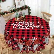 1 pieza Mantel de poliéster con tema navideño, diámetro redondo de 145cm (57.08 pulgadas), rectangular de 140x180cm (55.11 pulgadas x 70.87 pulgadas), mantel con gnomos navideños y cuadros escoceses rojos, decoración central de mesa navideña, decoración para ambiente de fiesta navideña y reunión familiar
