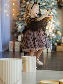 Young Girl Black Bow Polka Dot Mesh Elegant Party Dress, Princess Dress Suitable For Girls' Birthday Party, Banquet, Prom, Wedding Flower Girl, Holiday Celebration - Black - View 4