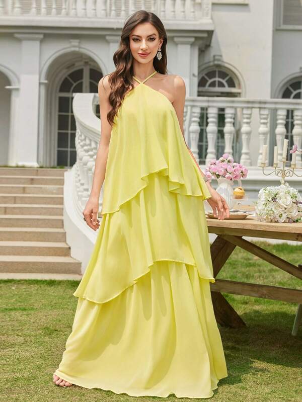 Volly Toych Butter Yellow A-Line Chiffon Floor-Length Bridesmaid Dress,Wedding Guest Dress,Elegant Suitable For Daily Wear, Dating, Travel, Party, Multi-Layer Ruffle Hem Maxi Gown