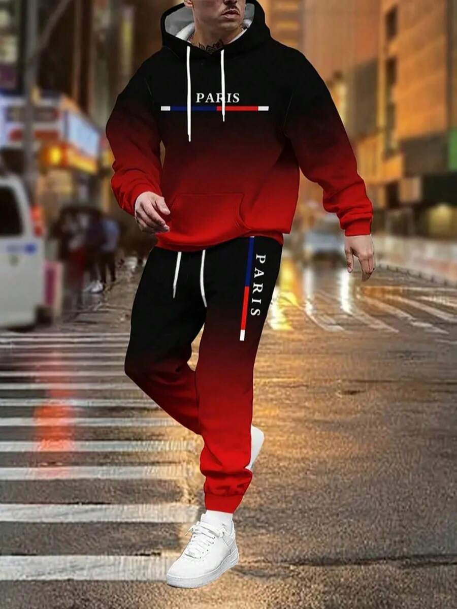 Men Gradient Hoodie And Long Pants Set, Fall Clothes - Multicolor - View 1