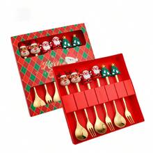 Zestaw świątecznych łyżeczek i widelców do kawy (4/6 szt.), łyżeczki do kawy, łyżki i widelce ze stali nierdzewnej, prezenty świąteczne dla dzieci w pudełku prezentowym do mieszania kawy, herbaty, zupy, cukru, deseru, przypraw, lodów (zestaw prezentowy)