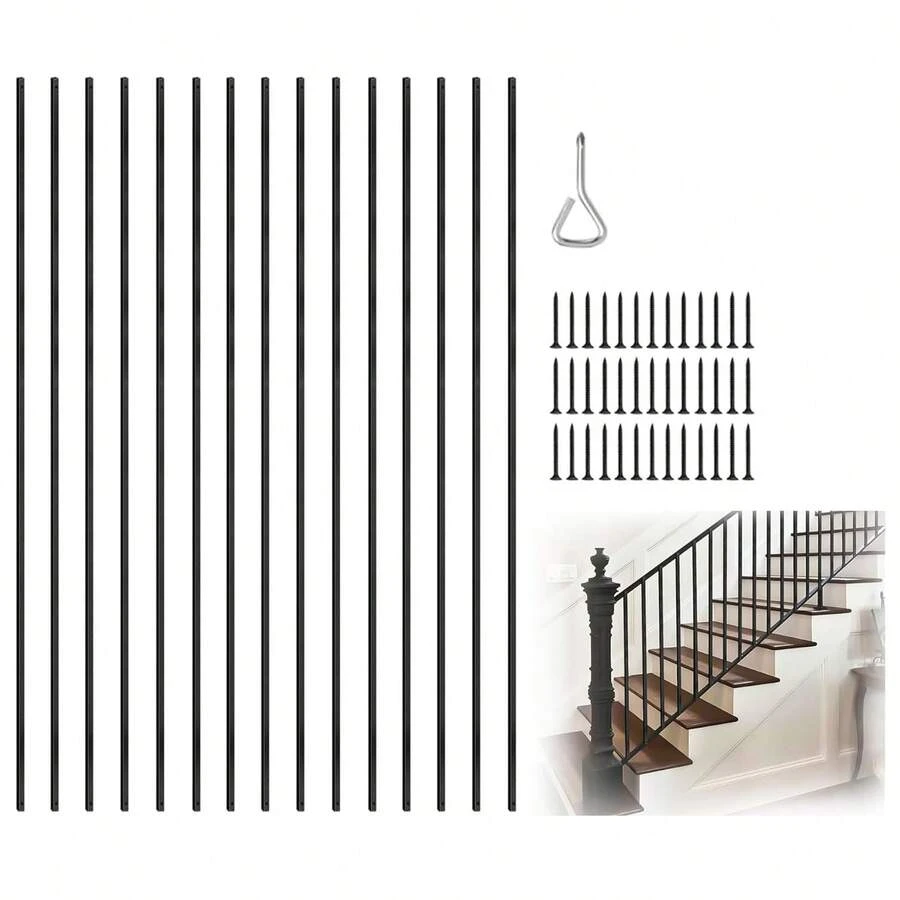 Wrought Iron Baluster, 44 Inches Satin Black Iron Balusters For Staircase, 1/2" Square Metal Railing Staircase Balusters Hollow Stair Spindles