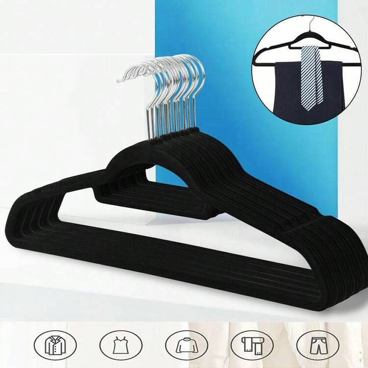 Lislark 10/20/30/40/50PCS Non-Slip Velvet Hangers 360 Degree Hook Clothes Drying Rack,Velvet Trouser Hanging Space Saving - Black - View 2