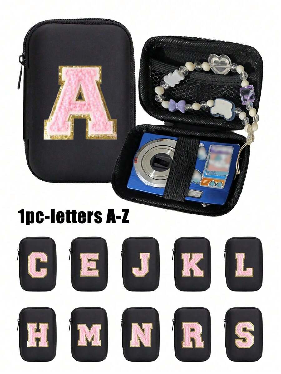 便携式 CCD 相机保护套，粉色字母 A-Z 毛巾刺绣，紧凑设计，防水材质，非常适合户外摄影爱好者和旅行者充电器盒，办公室必备数码包电缆相机包电子数据线整理器存储，钱包式移动电源盖旅行相机包，女士男士礼物，教师必备用品，防水轻便大容量便携式配件，适合暑假旅行，户外活动旅行必需品