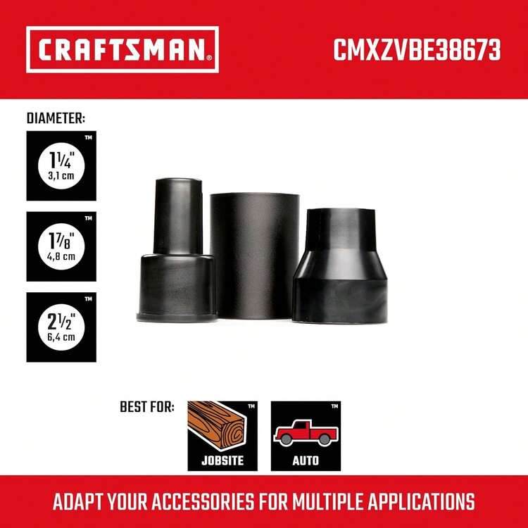 CRAFTSMAN Kit de accesorio para aspiradora de grado industrial - Conector de manguera para aspiradora - 3 piezas - Negro - Plástico - 3 unidades. Kit adaptador. - Añade 11