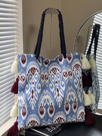 Style bohème rétro, nouveau sac fourre-tout à l'épaule pour femmes de mode haute capacité, haut de gamme, coréen, décontracté, minimaliste, léger et polyvalent en tissu de nylon, avec franges, colorblocking. Convient pour les voyages, le shopping, les sorties, les cadeaux pour femmes, les adolescentes, les étudiantes, les débutants et les cols blancs. Adapté pour le bureau, l'école, le travail, les déplacements, l'extérieur, les voyages, la randonnée.