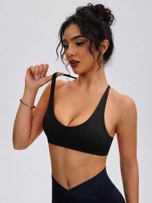 ATTRACO 女士运动文胸，深V领，交叉露背设计，适合户外运动、休闲跑步、健身、普拉提等活动，黑色春季款 - 黑色 - 查看 2