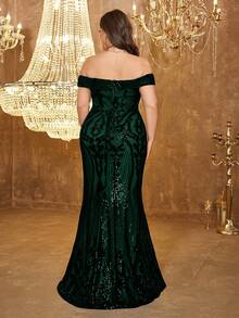 UNITHORSE Plus Size Women Off Shoulder Backless Dress, Glitter Sequins Decoration, Elegant Evening Party Dress, Bride Dress, Birthday Outfits, Graduation Dress, Formal Dress, Fall Women Clothes - 墨綠色 - 查看 2