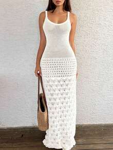 女士时尚优雅性感简约沙滩针织罩衫连衣裙，夏季