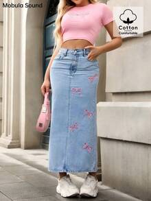 Mobula Sound Mid-East Spring & Summer Y2K Sexy Music Festival Student/Collegiate Versatile Casual Vacation Fashion Cute Bow Embroidery Figure-Flattering Denim Maxi Skirt - Blue - View 4