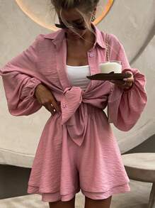 Scacto Long-Sleeved Top, Ruffled Shorts, Casual And Fashionable Suit For Women