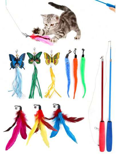 Juguetes para gatos, set de juguetes para mascotas, plumas artificiales de colores, caña de pescar, campana de oruga, varilla de juego con cabezal reemplazable, se puede usar tanto en interiores como en exteriores, para entrenamiento, autoobservación, aliviar el aburrimiento. (Azul, negro. El color del cabezal de repuesto es aleatorio).