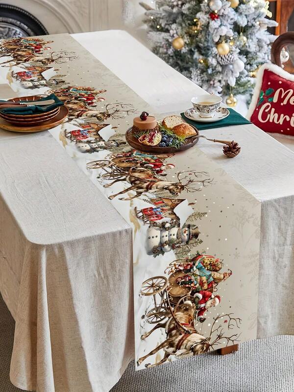 1 Stück Weihnachts-Rentier Tischläufer, Schneemann Weihnachtsmann Schlitten Design, 180x35cm Polyester Weihnachts-Tischfahne, Vintage Winter Innen- und Außenbereich Bauernhaus Weihnachtsparty Tischdekoration, Feiertags-Heim-Küchendekoration, Weihnachtsdekorationen für Zuhause 2025